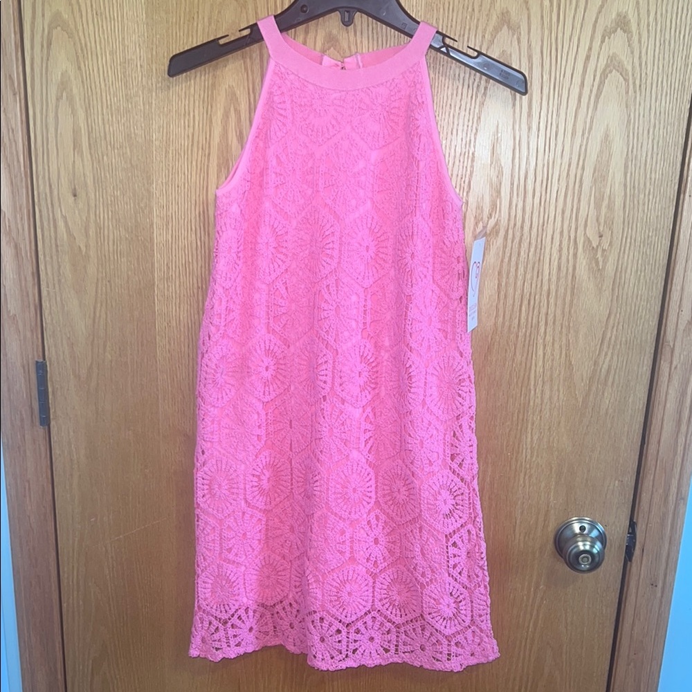 Design History bright Pink Crochet Dress Size L girls 100% Cotton boho country‎